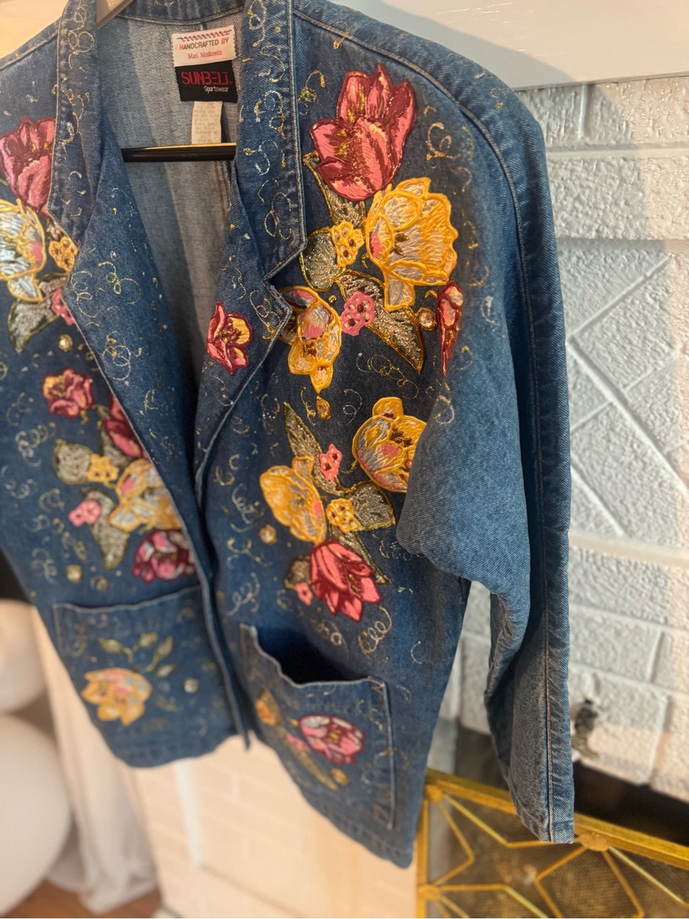 Vintage Sunbelt Custom Hand Puff Painted Floral Denim Jacket Wearable Art - Picture 4 of 17